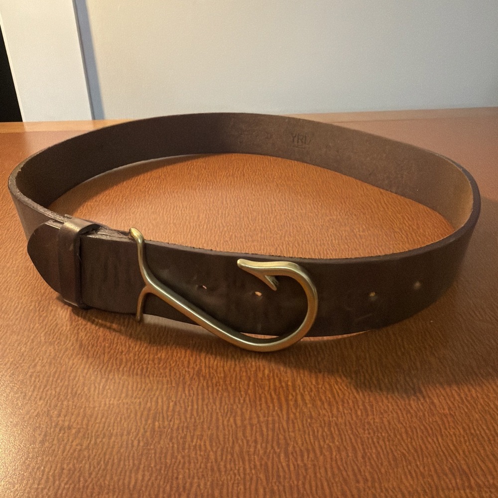 Leather Brass Fish Hook Belt Measures 38" Long